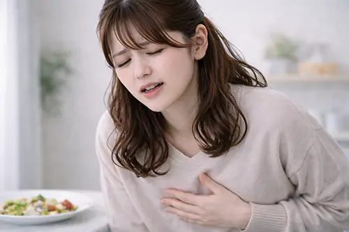 食後に消化が悪くて胃を押さえる人