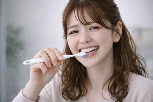 笑顔で歯磨きする人