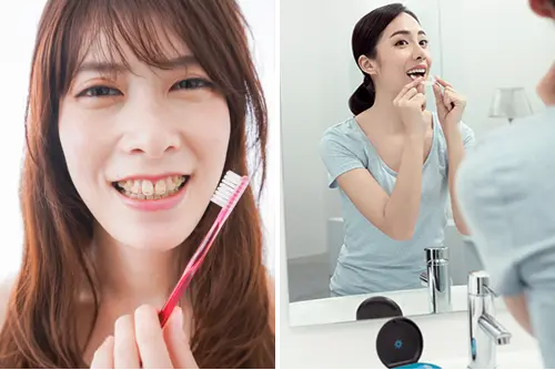 矯正治療中の食事と歯磨きのしやすさを比較するイメージ